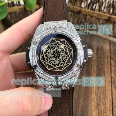 Copy Hublot Big Bang Sang Bleu Silver Diamond Bezel Brown Leather Strap Limited Mens Watch